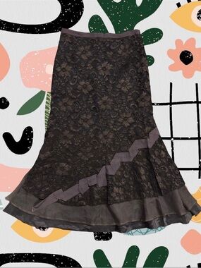 Neesh by D.A.R. | Vintage High Waisted Brown Floral Lace Ruffle Midi Skirt